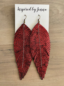 Red Shimmer Leather Feather Earrings (4 sizes)