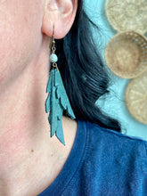 Load image into Gallery viewer, Sparrow Tri-Feather Jade Green Leather Earrings