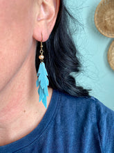 Load image into Gallery viewer, Sparrow Tri-Feather Aqua Leather Earrings