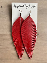Load image into Gallery viewer, Ruby Red Leather Feather Earrings (4 sizes)
