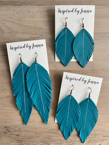 Classic Teal Leather Feather Earrings (4 sizes)