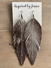 Load image into Gallery viewer, Metallic Pewter Leather Feather Earrings (4 sizes)