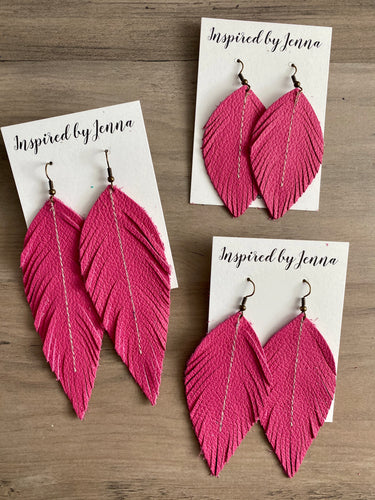 Fuchsia Pink Leather Feather Earrings (4 sizes)