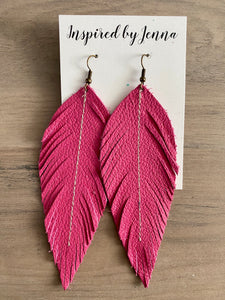 Fuchsia Pink Leather Feather Earrings (4 sizes)