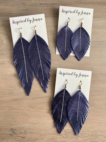 Metallic Navy Leather Feather Earrings (4 sizes)