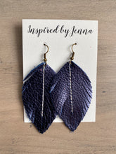 Load image into Gallery viewer, Metallic Navy Leather Feather Earrings (4 sizes)