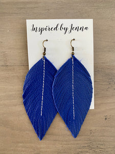 Royal Blue Leather Feather Earrings (4 sizes)