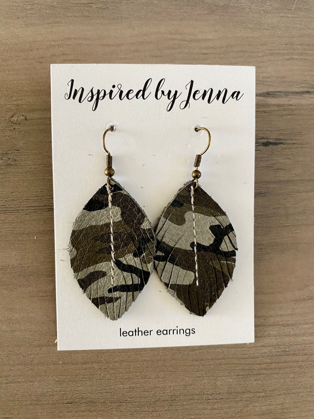 Army Green Camo Leather Feather Earrings (4 sizes)