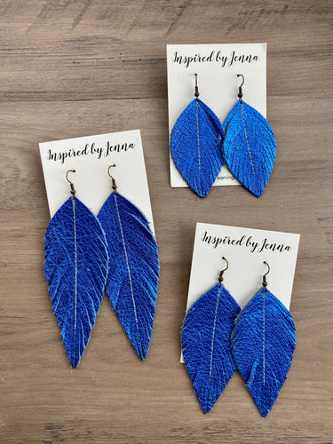 Metallic Cobalt Blue Leather Feather Earrings (4 sizes)