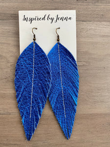 Metallic Cobalt Blue Leather Feather Earrings (4 sizes)