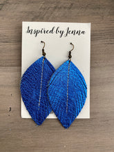 Load image into Gallery viewer, Metallic Cobalt Blue Leather Feather Earrings (4 sizes)