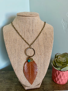 Camel Leather Feather 30" Necklace with Charms