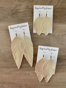 Pebbled Metallic Champagne Leather Feather Earrings (4 sizes)
