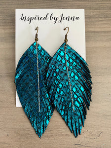 Metallic Teal Mermaid Leather Feather Earrings (3 sizes)