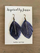 Load image into Gallery viewer, Metallic Navy Leather Feather Earrings (4 sizes)