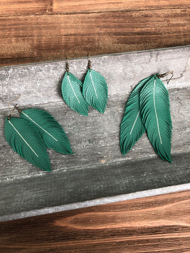 Emerald Leather Feather Earrings (3 sizes)