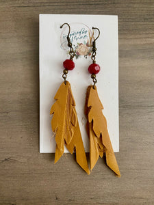 Sparrow Tri-feather mustard leather feather earrings