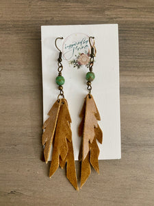 Tri-Feather Camel brown Sparrow leather feather earrings