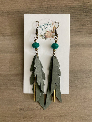 Tri-feather gray Sparrow leather feather earrings
