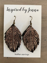 Load image into Gallery viewer, Rose Quartz Shimmer Leather Feather Earrings (4 sizes)