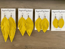 Load image into Gallery viewer, Canary Yellow Leather Feather Earrings (4 sizes)