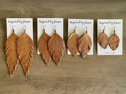 Rose Gold Shimmer Leather Feather Earrings (4 sizes)