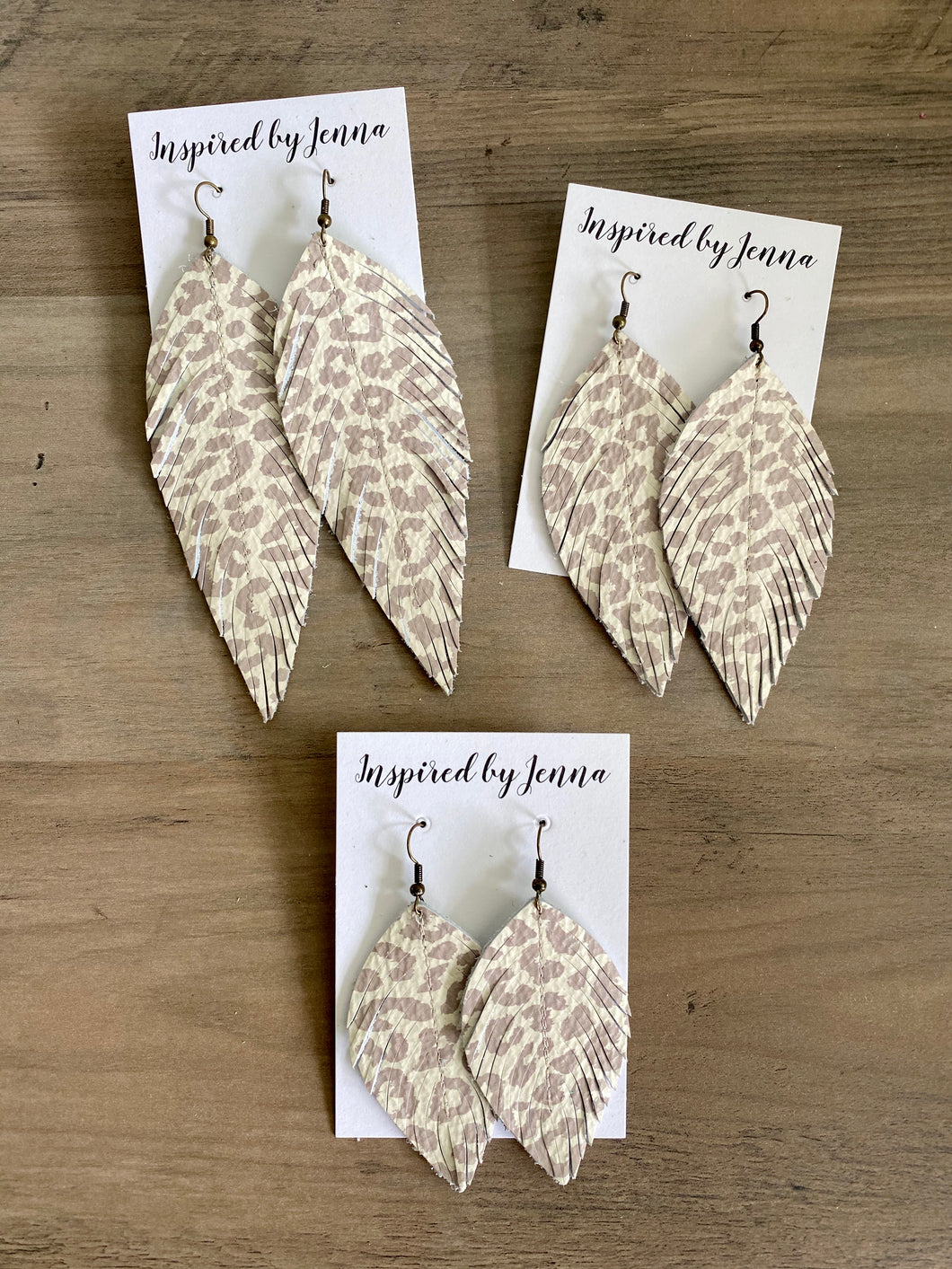 Snow Leopard Leather Feather Earrings (4 sizes)