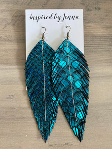 Metallic Teal Mermaid Leather Feather Earrings (3 sizes)