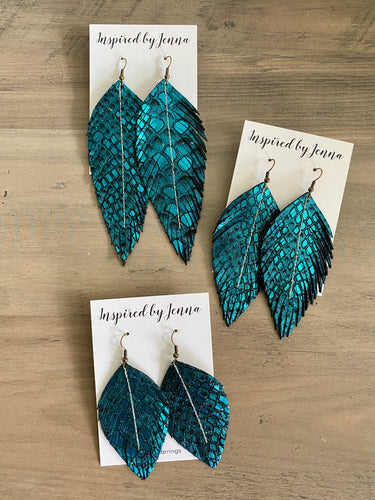 Metallic Teal Mermaid Leather Feather Earrings (3 sizes)