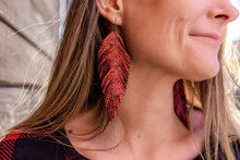 Load image into Gallery viewer, Red Shimmer Leather Feather Earrings (4 sizes)