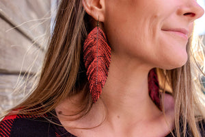 Red Shimmer Leather Feather Earrings (4 sizes)